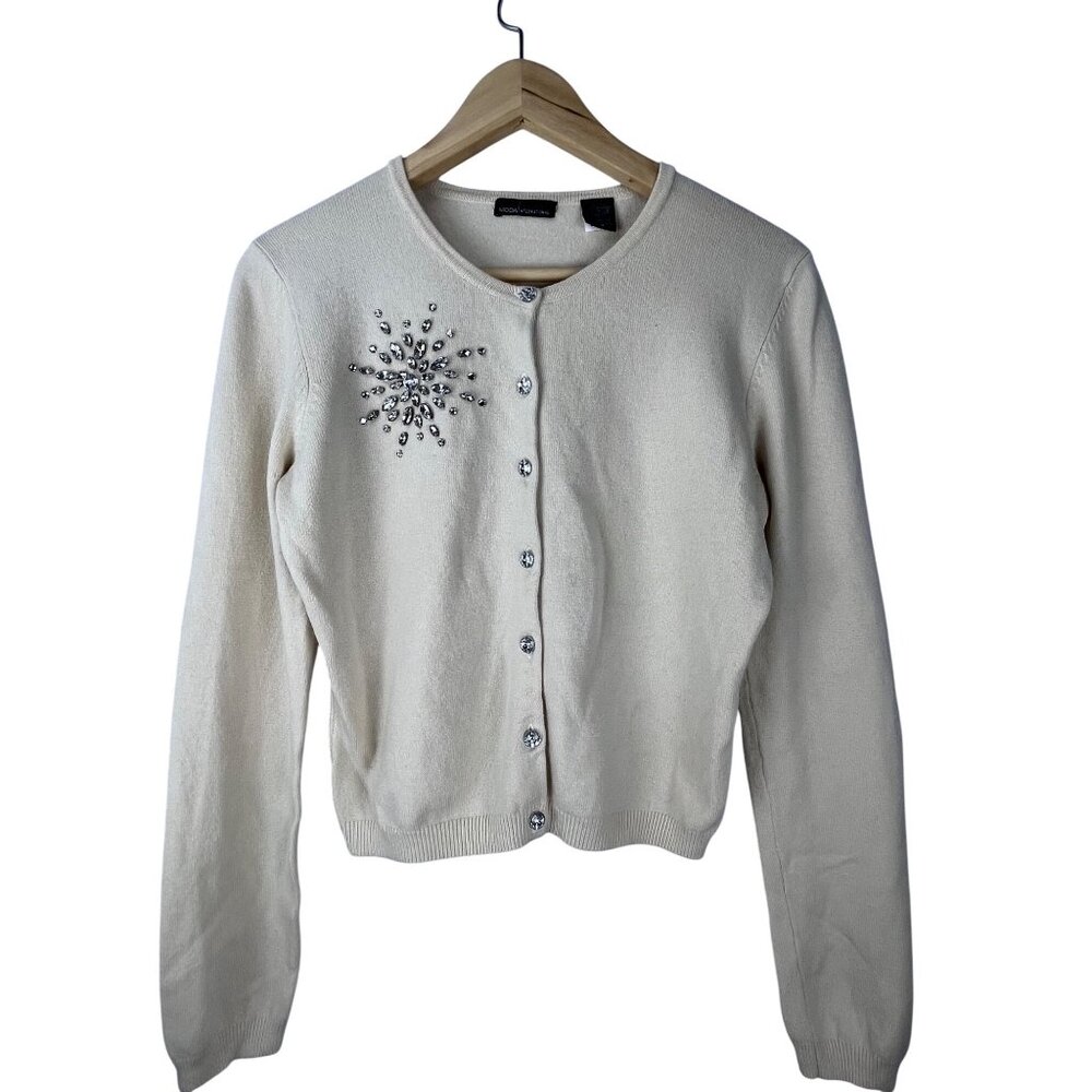 Moda International Silk Cashmere Rhinestone Cardigan Sweater Size M Y2K